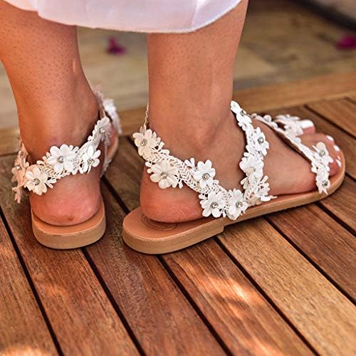 Sandálias femininas de verão com renda floral sandálias de pérolas planas damas casuais redondo sandálias