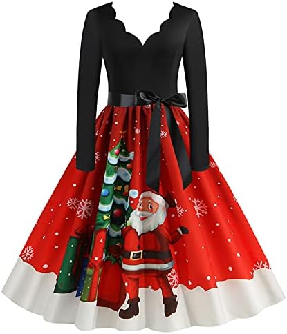 Vestido de Christmas Swing de Narhbrg Ladies Xmas Papai Noel Flare para mulheres vestido de manga longa Cocktail Formal Dress