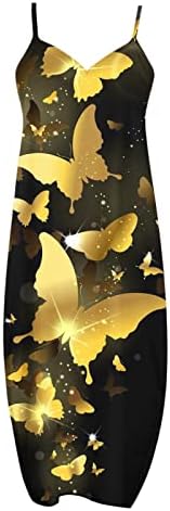 Vestido de vestido longo e solto de verão feminino impressão de borboleta sem mangas de borboleta