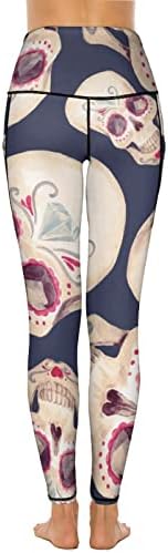 Calças de ioga feminina de caveira com bolsos de altura de cintura alta leggings