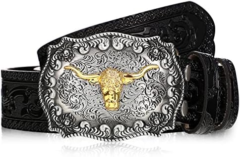 Jadive Western Leather Buckle Belts Cowboy Longhorn Bull Pattern Burchle Belt Belt Fillel Gelure Belt para homens