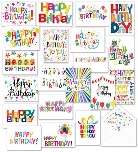 100 cartões de feliz aniversário a granel, em branco por dentro com envelopes e adesivos, - 20 Notas