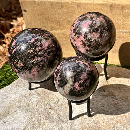 Slueiceboy Prospecção de Rhodonite Sphere | Inclui Stand | Rodonita Bola de Esfera de Pedra Gemo de Rodonita