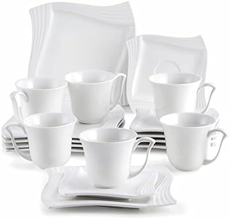Dsfeoigy de porcelana branca de porcelana de 18 peças conjuntos de bebidas de chá, incluindo xícara, pires e pratos de sobremesa para 6 escritório em casa