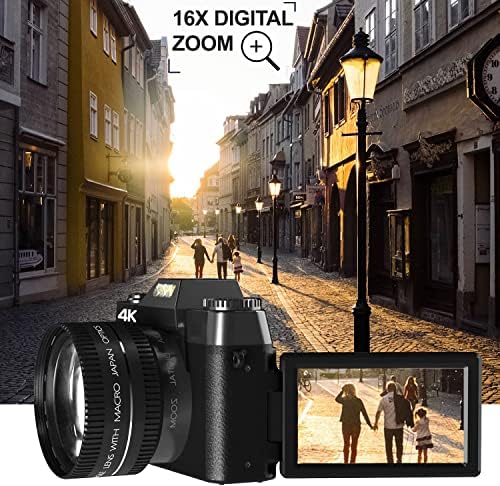 Câmera de kit de câmera digital EDEALZ 4K 48MP Photography Vlogging para YouTube com tela flip, wifi, lente angular e macro, cartão micro sd de 64 GB, tripé flexível de 12 , estojo de transporte, leitor de cartões