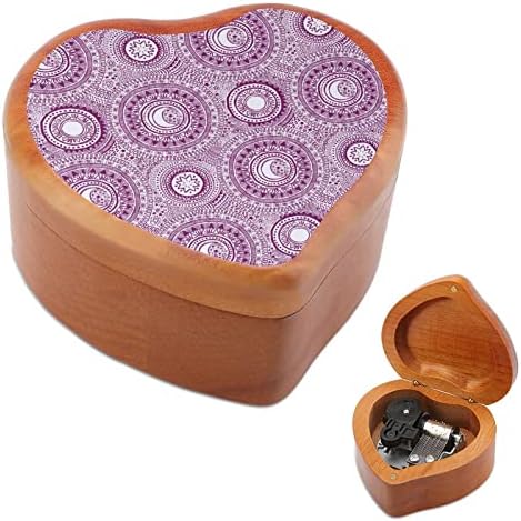 Lilac Mandala estrelas e luas Clockwork Box Vintage Wooden Heart Heart Musical Box Toys Gifts Decorações