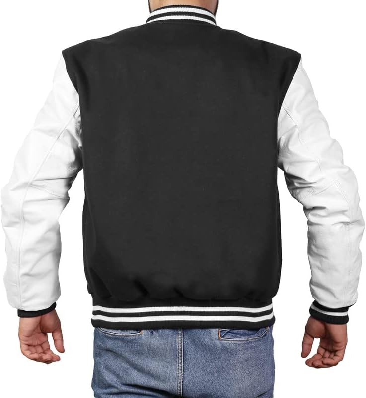 Skaf Impex Men's Varsity Baseball Letterman Jacket Melton Wool & Sleeves de couro branco genuíno