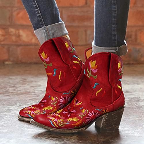Botas de plataforma para mulheres femininas apontadas bezerro botas retro cowboy de dedão floral ocidental de pé médio de estilo bordado botas femininas femininas