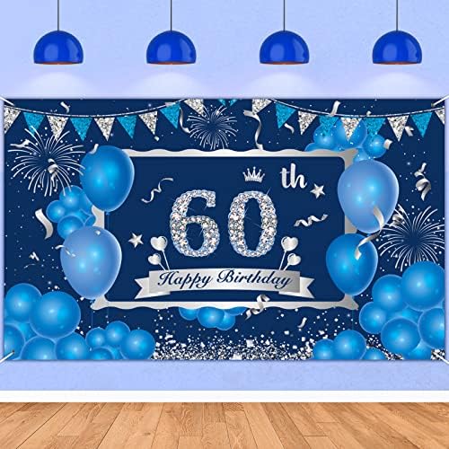 Banner de decoração de aniversário de 60 anos azul para homens mulheres, azul da marinha Silver Feliz