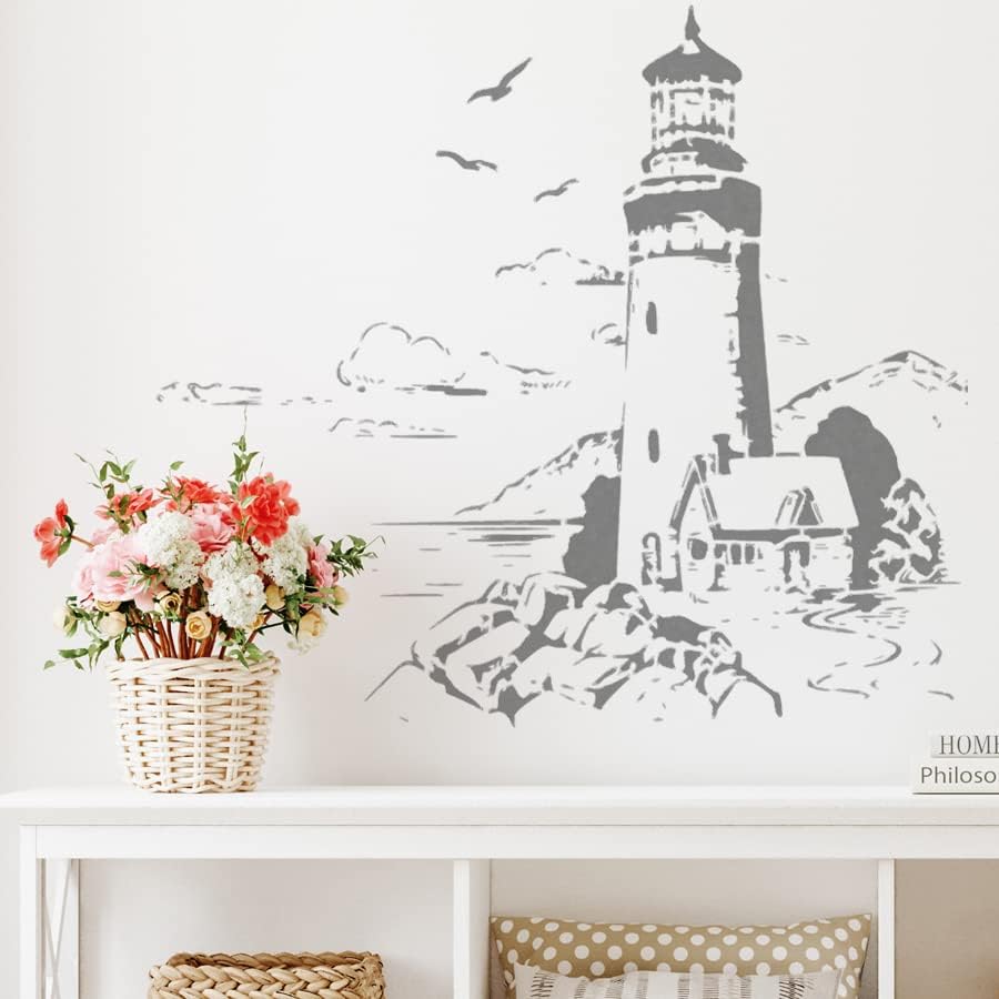 Lighthouse & Cottage Stencil | Cena costeira Decoração de arte na parede náutica | Grande estêncil