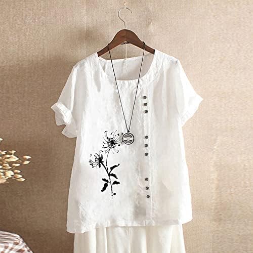 Camiseta feminina feminina algodão solto de manga curta camisa com camiseta redonda de impressão de