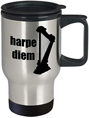 Presentes para harpistas, caneca de café isolada de viagens de harpa com alça e tampa, harpe diem,