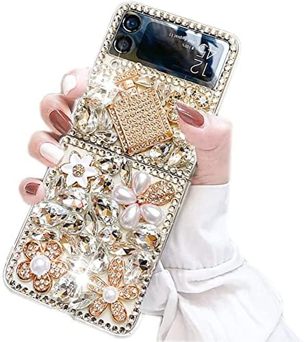 Poowear para Samsung Galaxy Z Flip 4 5G Case, Luxury Bling Diamond Rhinestone Gemstone 3D Pedern Bottle e Flower Gemstone TPU Soft TPU Caixa traseira para mulheres meninas com galáxia Z flip 4 5g