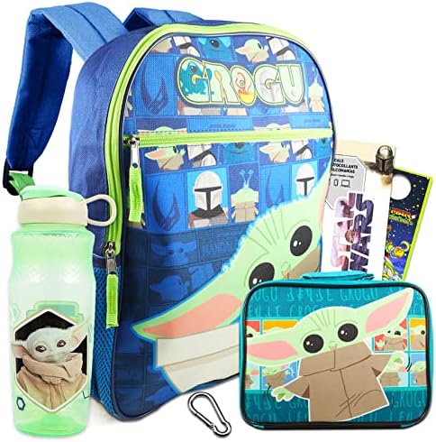 Color Shop Baby Yoda Mackpack e lancheira Conjunto - pacote de material escolar de Guerra nas Estrelas com mochila Grogu e lancheira isolada, garrafa de água, conjunto de viagens de bebê yoda