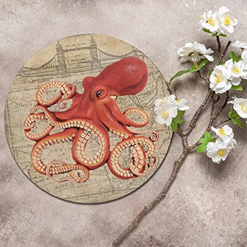Sinal de metal redondo tema náutico tema octopus marinho e mapas antigos de coragem vintage signo