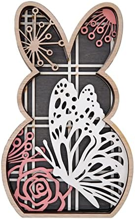 Decoração de mesa de páscoa de coelho de madeira, placa criativa de coelho de madeira com borboleta