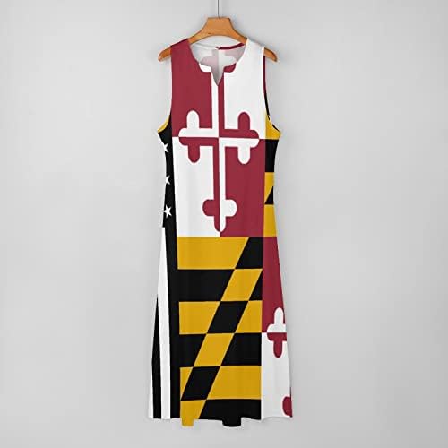American Maryland Flag Women's Summer Summer Sleesess Maxi Vestes Deep V pescoço solto vestido comprido