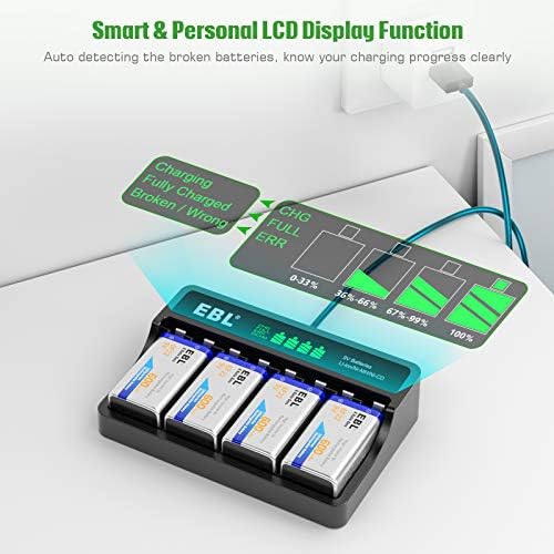 EBL 9V Baterias recarregáveis ​​de li-íon 600mAh 4-pacote com carregador de bateria inteligente LCD