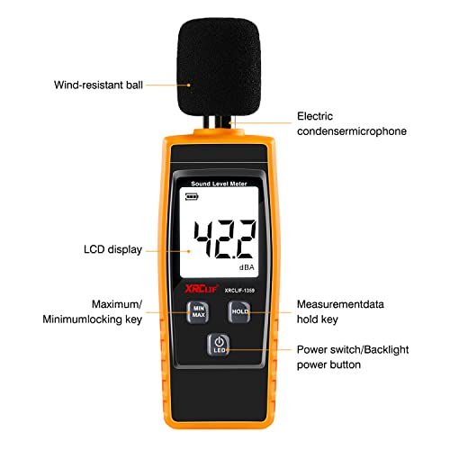 Medidor de decibéis Leitor de nível de som 30-130dB, medidor de ruído de som portátil com alarme