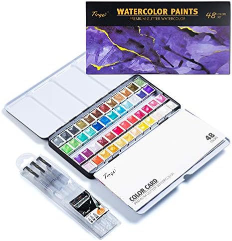 Tinge Artist Glitter Glitter Watercolor Tints, Half Pan 48 Cores, ajustado com 3 canetas de escova de água,