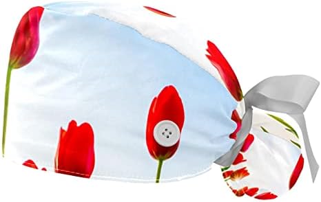 Capas médicas para mulheres com botões cabelos longos, boné de trabalho ajustável de 2 peças, beleza vibrante Tulipas vermelhas românticas Flor