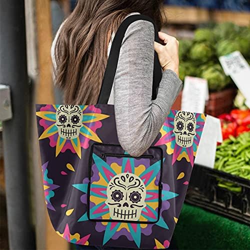 Dia Dead Day Sugar Skull Halloween Bag dobrável Bolsa de Mercearia Reutilizável Bolsa de Compras para Escola Pesada Escola Para Viagem de Viagem e Ginásio de Trabalho Esportivo