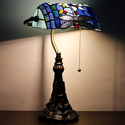 RhLamps Banker Lâmpada Tiffany Lâmpada de mesa de mesa azul de espalhada estilo de vidro, lâmpada ajustável de