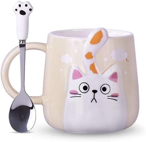 Caneca de gato de notrefly e colher caneca de café de gato de cerâmica fofa, xícara de chá de gato de novidade