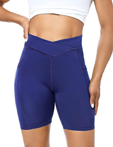 Mulheres cruzam shorts de ioga de cintura alta para mulheres com 2 bolsos laterais Controle de barriga de barriga