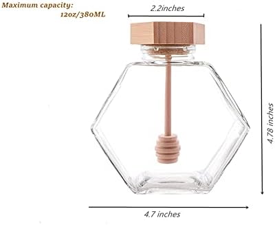 Joson 12ozhoney vidro jarra com haste de mecha de madeira e tampa de cortiça, recipiente de jarra de mel hexagonal,