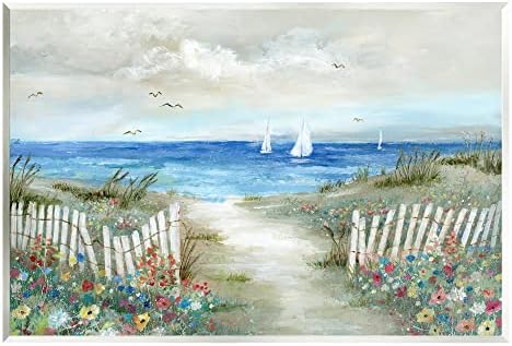 Stuell Industries Tranquil Beachside Flower Meadow Ocean Sailboats Scene Arte da parede de madeira, design por