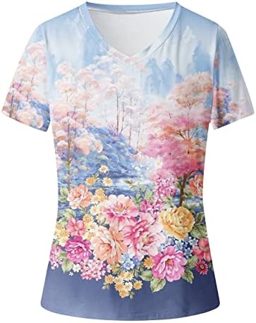 Camiseta da blusa para meninas de manga curta 2023 Crewneck de algodão V Gráfico floral Floral