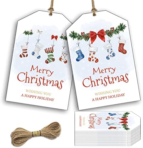Tag de Natal com cordas, 50pcs Vamos obter etiquetas de papel de Natal iluminadas Tags de férias de inverno