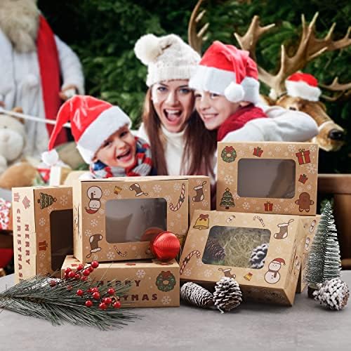 Vucchini Christmas Bakery Boxes com janela 12 PCs - Kraft Paper Cookie Boxes com Janela 6.1 *8.5*3