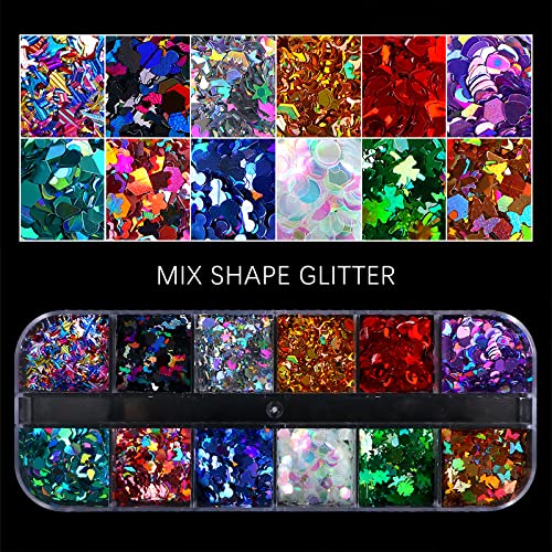 Flocos holográficos da arte de unhas de glitter formas misturadas lantejoulas de unha 36 cores redondo