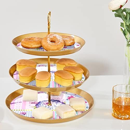 3 Stand de sobremesa em camadas, suporte de árvore da torre de cupcakes dourados para pastelaria, padrão literário padrão de plástico cupcake redondo suporte