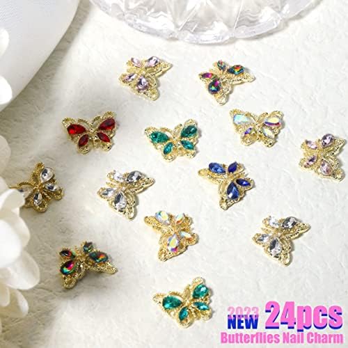 qiipii 24 PCs Butterfly Nail Charms para unhas 3D Butterflies Rhinestones de unhas grandes gemas de