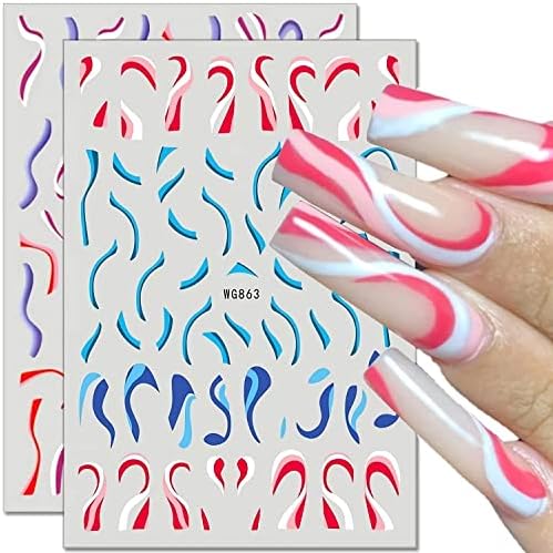 8 lençóis adesivos de unhas de onda francesa, decalques de unhas de onda auto-adesiva 3D, decalques de unhas da linha de onda de fita, cofre de redemoinho de linhagem impressão de unhas, dicas de manicure para meninas