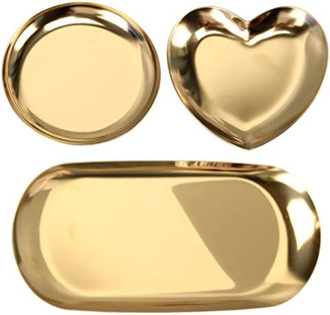 Bandejas de metal de cabilock 3pcs Jóias de aço inoxidável Bandeja redonda redonda Oval forma de coração