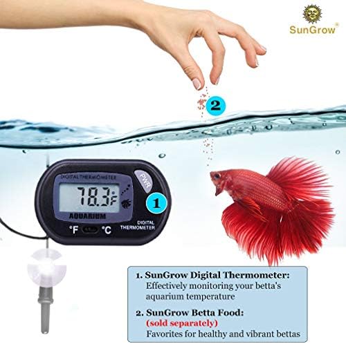 SunGrow Digital Betta Termômetro para peixes de aquário tropical, 1,5 ”x 2,3”, 4 copos de sucção e 2 baterias