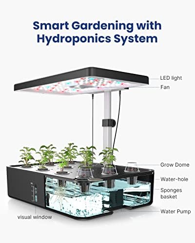 Sistema de cultivo de hidroponia do IDOO 12Pods, jardim interno com luz de cultivo LED, kit de germinação de plantas, ventilador embutido, timer automático, altura ajustável até 11,3 para casa, escritório