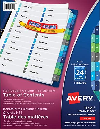 Avery Double Column 24 Tab Divishers Para 3 ligantes de anel, índice personalizável, abas multicoloridas,