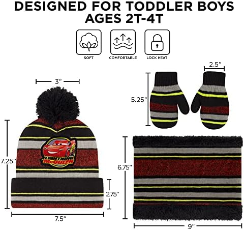 Disney Boys Toddler Chapéu de inverno, cachecol e luvas Conjunto 2-4 ou Cars Lightning McQueen