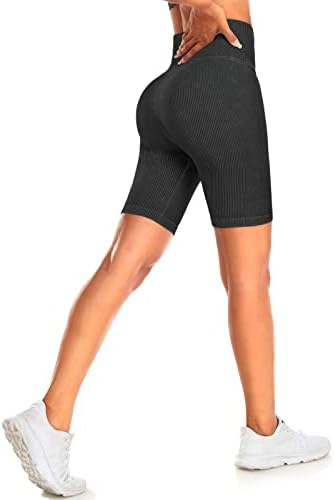 Shorts de treino feminino - shorts de bicicleta de cintura alta para mulheres com nervuras com estrias