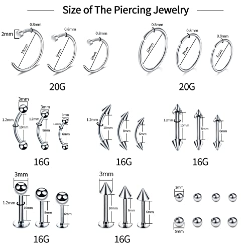 Tustrion 102pcs kits de jóias de piercing de tamanho misto para todos os piercings corporais com jóias de 14g 16g
