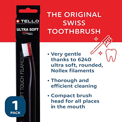 Tello 6240 Adult Ultra Soft Swisstoothbrush para limpeza suave com alça ergonômica, cores variadas, 1 contagem