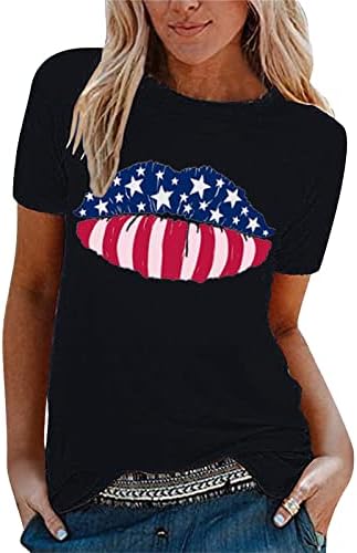 Mulheres tee sólida feminino Casual Independência Day Bandeira Impressão Camista Camisa de manga curta