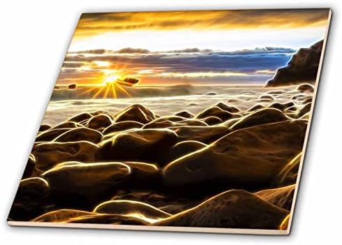 3drose pôr do sol brilhante sobre uma imagem rochosa de praia de pintura com infusão leve - azulejos