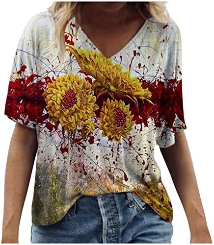 Camisetas t para mulheres casuais plus size flores cênicas imprimindo pescoço redondo de manga curta blusas blusses