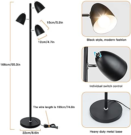 Lâmpada de piso da árvore DLLT, lâmpada industrial de 3 luzes, lâmpada moderna de 27w de leitura